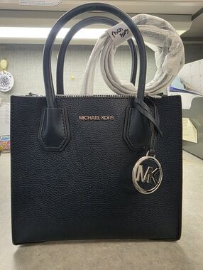 Michael Kors Dark Blue Pebbled Leather Satchel with Silver MK Charm
